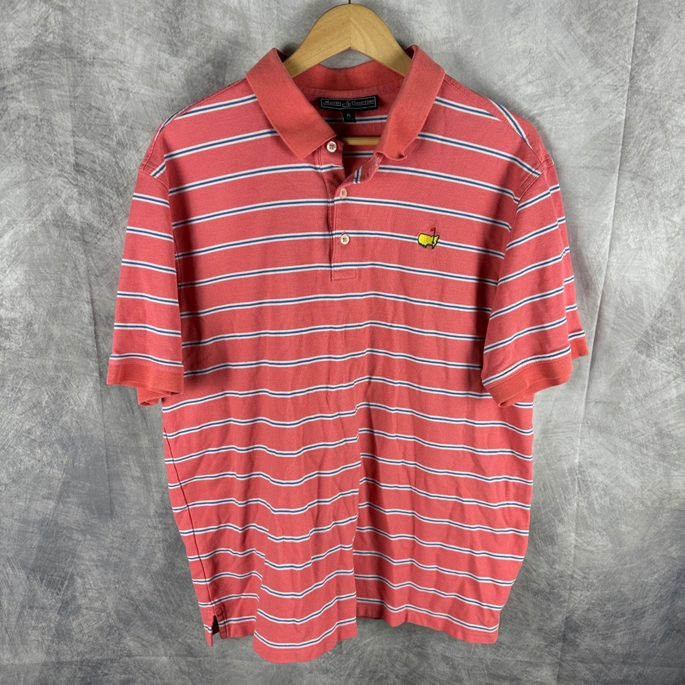 Masters Collection Mens XL Polo‎ Shirt Coral Pink Striped Short Sleeve Golf Logo